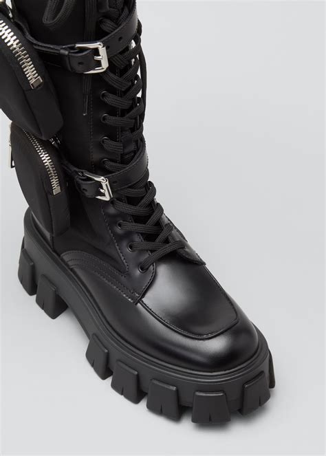 Prada Leather Zip Pocket Tall Combat Boots 